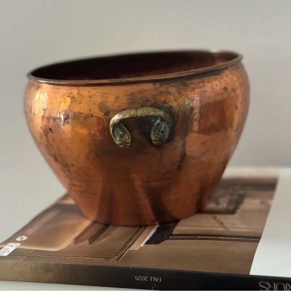 Vintage Hosley Copper Container Planter W/ Brass Handles / vase